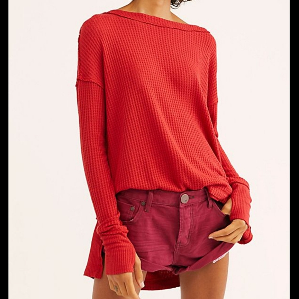 Free People We The Free North Shore Thermal Boat Neck Tee Phoenix Red Siz XS NWT - Picture 3 of 13